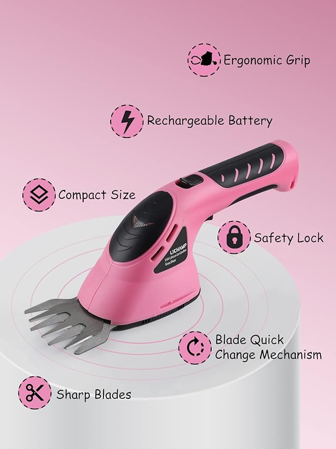 Lichamp 2-in-1 Electric Hand Held Grass Shear Pink Hedge Trimmer Shrubbery Clipper Cordless Battery Powered Rechargeable for Garden and Lawn CGS3602PK Pink