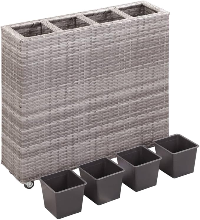Gray Poly Rattan Raised Garden Bed 31.5x8.7x31.1 Inch Outdoor Planter Box for Patio Balcony Gardening with 4 Pots