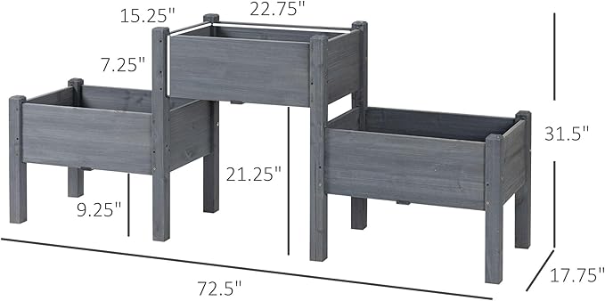73x18x32 3Tier Elevated Wooden Planter for Garden Eco-Friendly Finish Heavy-Duty FFor rame Freestanding Gray Weather-Proof Use Built-in Drainage