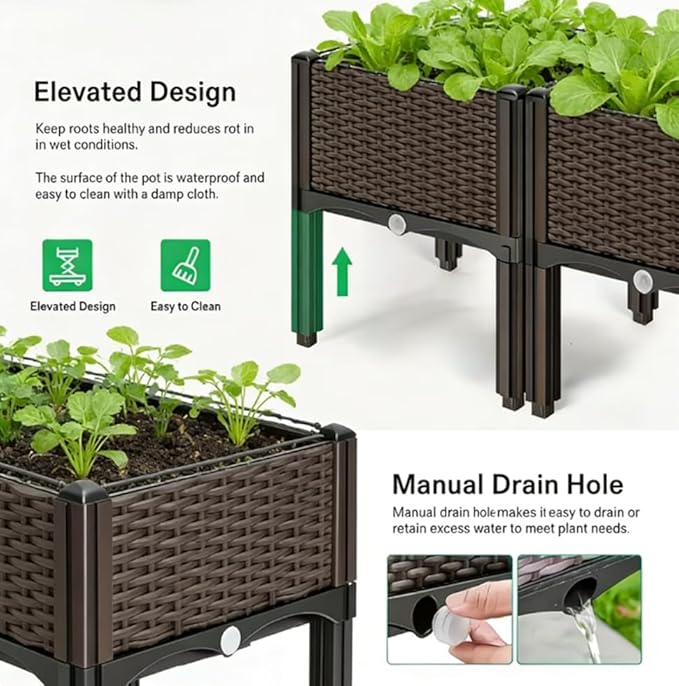 CloudDream 3Piece Brown Raised Garden Box Set Ideal for Growing Vegetables Herbs Flowers &amp Succulents. with Built-in Drain outlets andit Works Well Indoors and Outdoors Suitable (Brown)