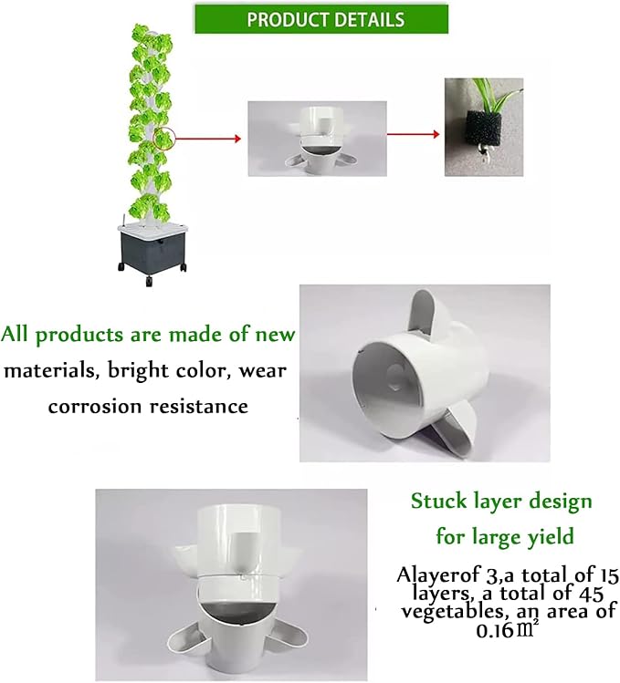 Hydroponics Growing System 15 Layer 45 Holes Indoor Hydroponic Grow Vertical Tower with Led Grow Llight Garden Tower Growing Kit for Grow Herbs Fruits Vegetables