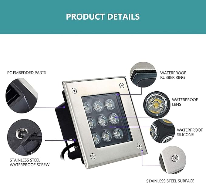 Square Outdoor Buried Lights - Recessed LED Landscape Lights 12V Garden LED Spot Lights IP67 Waterproof Stainless Steel LED Spotlight for Terrace Garden Garage Paths Illuminate(Blue15w)