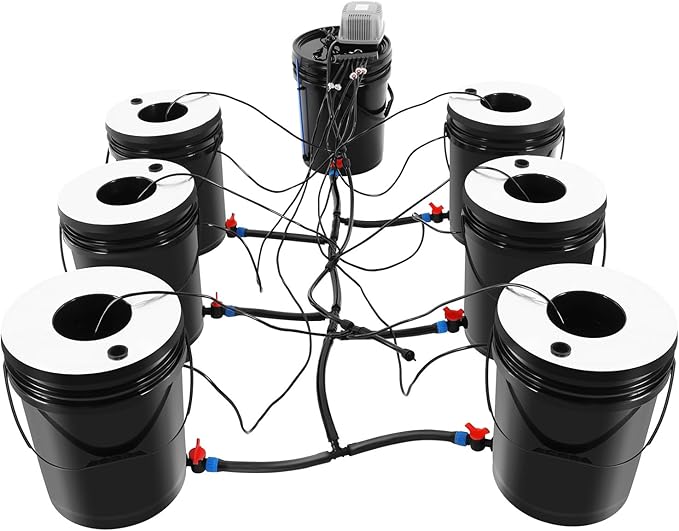 Hydroponic System Top Drip Hydroponics Growing System Kit 120v 60hz Recirculating Deep Water Culture Hydroponic Bucket Kit with 5.28gal/6 Hydroponic Drums 0.03mpa Air Pump Reflective Films