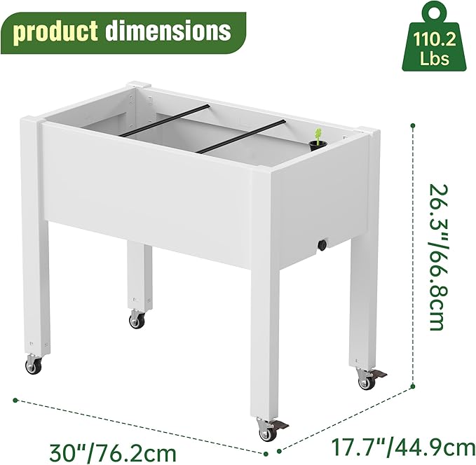 Elevated Raised Garden Bed with Wheels - Outdoor Mobile Resin Planter Box with Drainage Holes for Vegetables Flower Herbs Weather Resistant White (26.3 h)