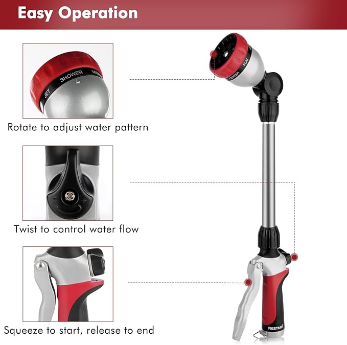 RESTMO Metal Watering Wand Heavy Duty Garden Hose Wand with 180° Swivel Ratcheting Head 16'' Hose Nozzle Sprayer with 7 Spray Patterns and Flow Control for Water Hanging Baskets and Shrubs Red