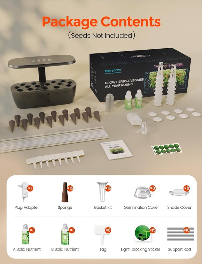 MG-15 Hydroponic Growing System Kits Smart Indoor Garden with 24W Grow LED Light Full Spectrum 15 Pods Herb Garden Planter Indoor Gardening for Gifts Kitchen