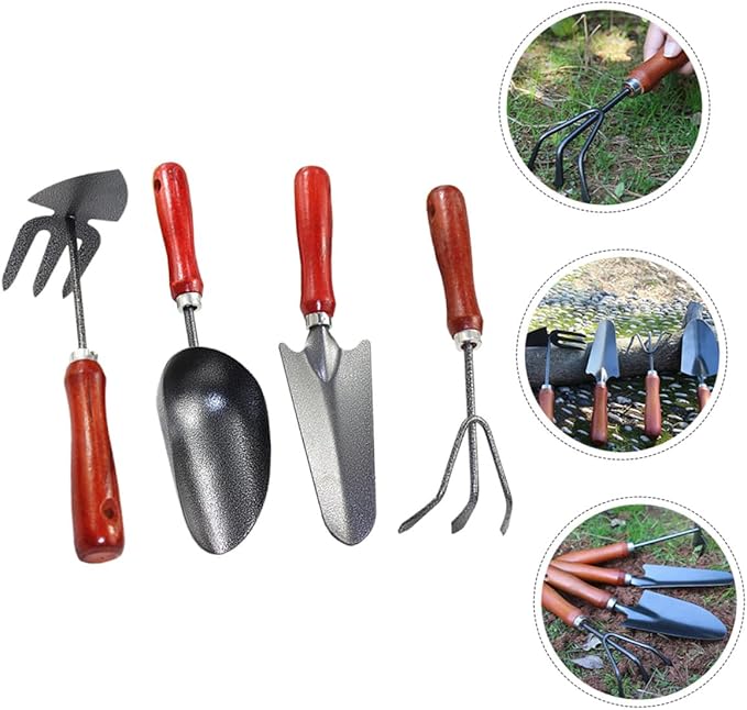 Garden Tool Set 4pcs Mini Metal Hand Trowel Narrow Spade Hand Rake Dual-use Hoe and Soil Scoop for Planting and Weeding in Outdoor Gardening