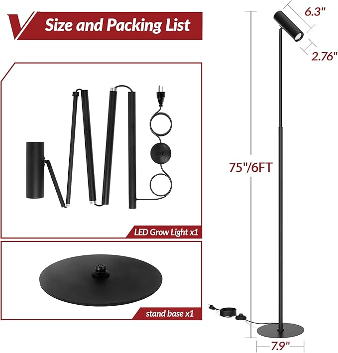 6FT Standing Grow Light for Indoor Plants25W 3000K Full Spectrum COB Plant Light Bulb 330° Rotating Head Metal Floor Grow Lamp with On/Off Switch for Large PlantSeedling