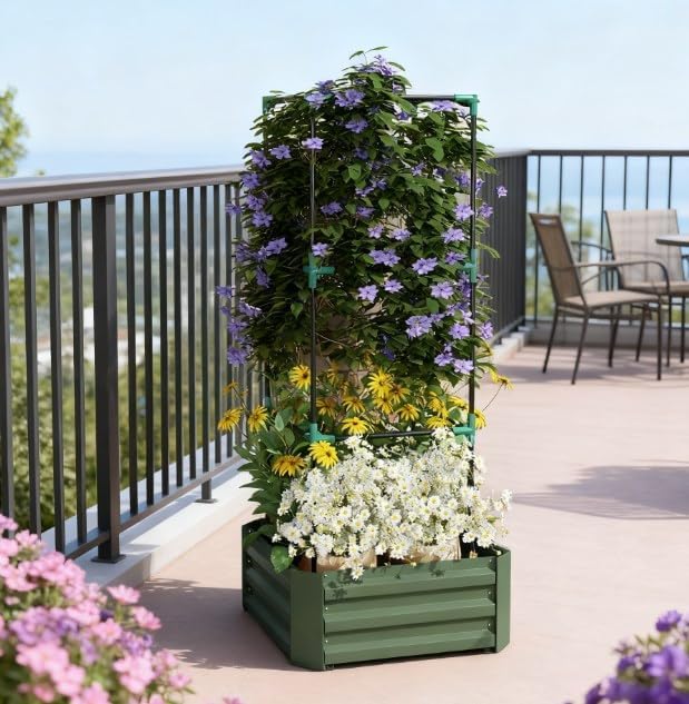 Modular Galvanized Garden Bed with Detachable Plant Cage All-in-One Raised Planter System for Climbing Vegetables &amp Flowers Easy Assembly Design (Green)