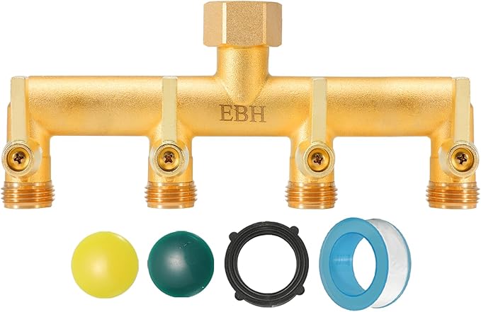 EBH Brass Garden Hose Splitter 4-Way Heavy Duty Hose Splitter Outdoor Faucet Manifold with Extended Metal Handle and Individual On/Off Valve Spout 3/4” GHT Threads