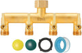 EBH Brass Garden Hose Splitter 4-Way Heavy Duty Hose Splitter Outdoor Faucet Manifold with Extended Metal Handle and Individual On/Off Valve Spout 3/4” GHT Threads