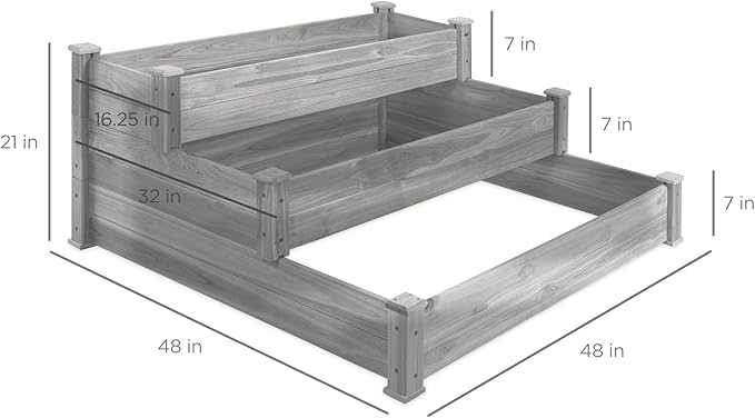 Best Choice Products 3-Tier Fir Wood Raised Garden Bed Planter Kit for Plants Herbs Vegetables Outdoor Gardening w/Stackable &amp Flat Arrangement Easy Assembly - Gray