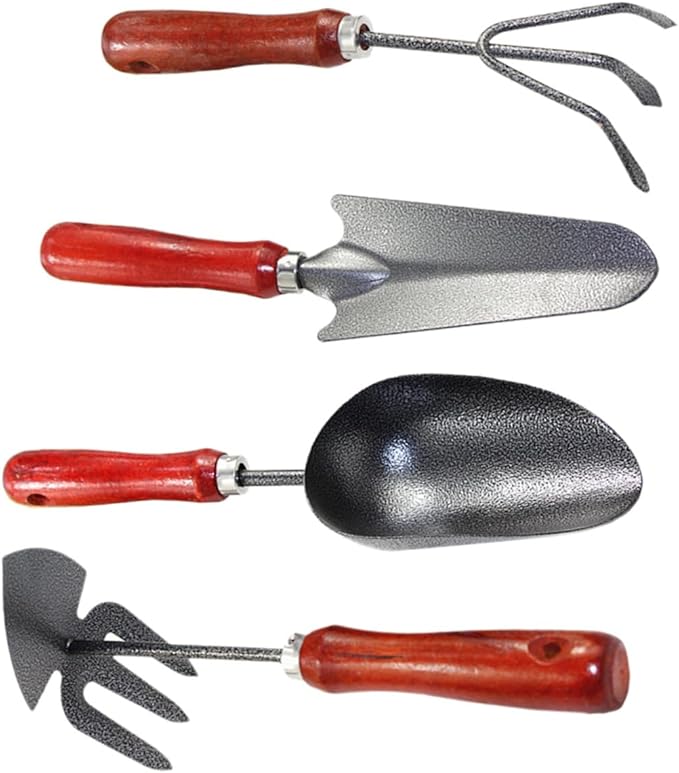 COHEALI 4pcs Mini Garden Tool Set with Small Metal Trowel Narrow Shovel Three-Prong Rake and Dual-use Hoe for Planting and Digging in Pots and Gardens