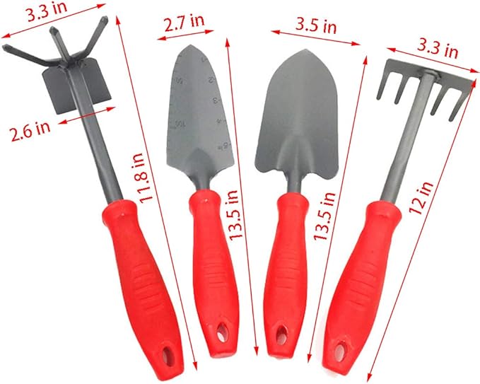 Hand Rake Garden Tool Gardening Hand Tools SetCultivator Hand Rake with Soft Rubberized Non-Slip Ergonomic HandleGarden Gifts for Women &amp Men (Red) Pack of 4