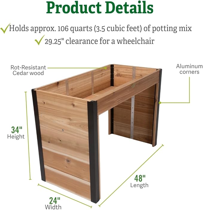 Gardener's Supply Company Wheelchair Accessible Garden Bed | Outdoor Elevated Cedar Planter Bed with Rust-Proof Aluminum Corners