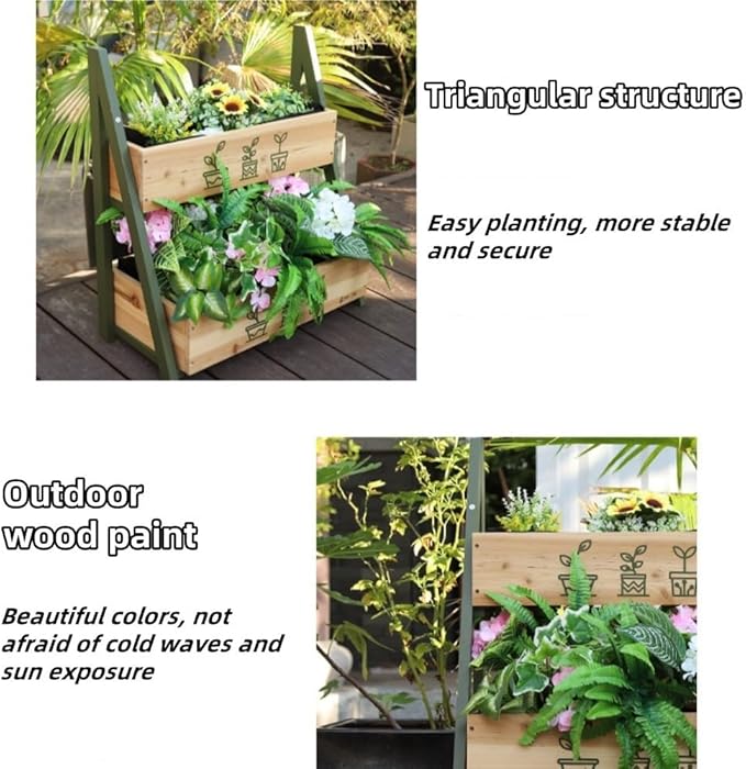 Solid Wood Raised Planter Box with Double Planter Floor-Standing Garden Bed for Outdoor Plants Modern Wooden Flower Rack for Balcony Courtyard Patio and Nursery Use(Green)