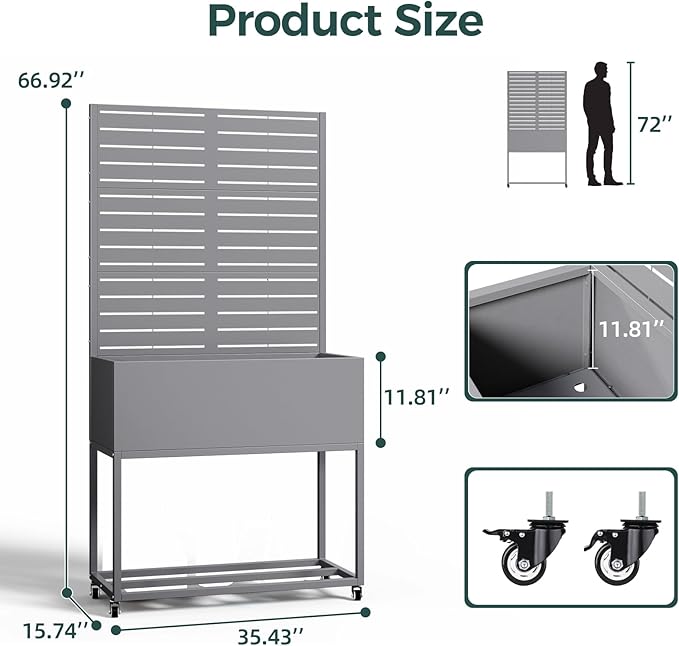 Metal Planter Box Multi-Functional &amp Easy to Assemble 67 H x 35 W Raised Garden Bed for Climbing Plants Elevated Standing Garden Planter with Drainage Holes for Outdoor Patio Grey