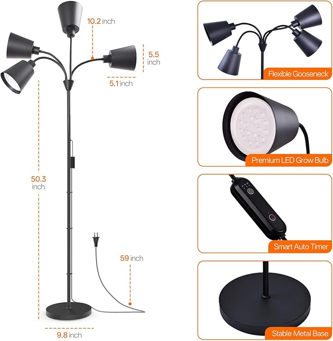 Bstrip Grow Lights for Indoor Plants Non-Dimmable 4 Head Plant Light Stand with Flexible Gooseneck 3800K Full Spectrum Light for Plants Growing 59 Standing Grow Light with Timer