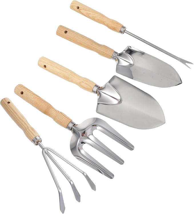 Garden Planting Tool Set 5pcs Wooden Handle Stainless Steel Shovel Rake Fork for Outdoor Weeding and Soil Loosening Portable Hand Tools for Home Vegetable and Flower Gardening