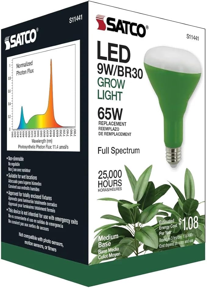 Satco (S11441 9 Watts Full Spectrum Plant Grow Lamp Medium Base 120 Volt Help Grow Ornament Plants and Succulents for Wet Rated Locations Neutral White (6 LED Light Bulbs)