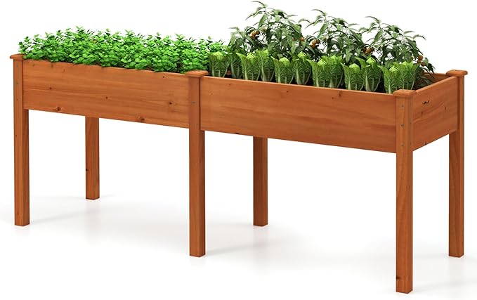 Giantex Raised Garden Bed with Legs 73''x23''x30'' Elevated Wood Planter Box with Divider Panel &amp Drainage Holes Outdoor Raised Planter for Vegetables Herbs Flowers Backyard Gardening (Orange)
