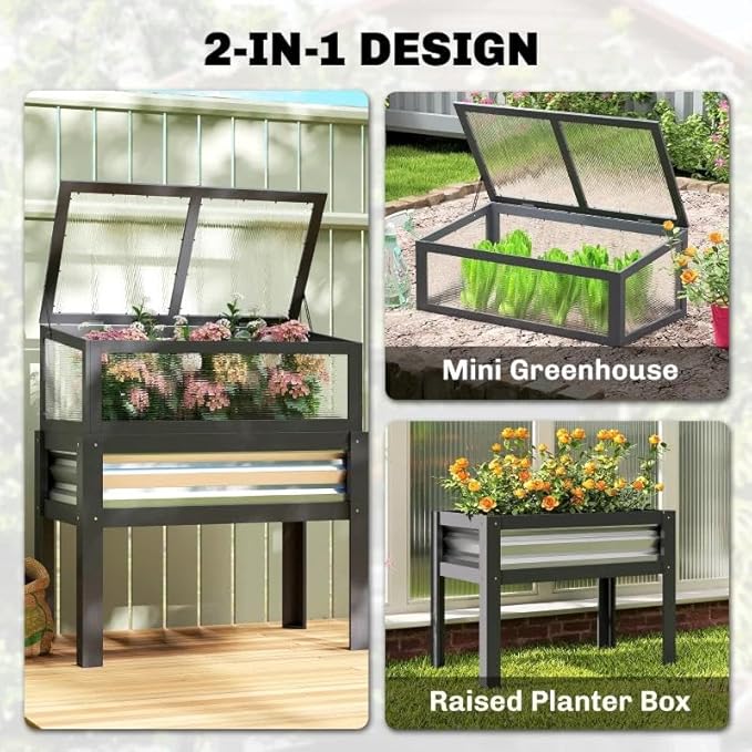 Elevated Raised Garden Bed with Flip-Up Mini Greenhouse Top – Wood Planter Box for Flowers Vegetables &amp Herbs – Weather-Resistant Outdoor Galvanized Metal Frame (Gray)