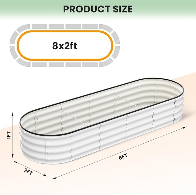 8x2x1 FT Galvanized Raised Beds for Outdoor Oval Raised Garden Bed with Open Base Tool-Free Assembly Planter Raised Boxes for Outdoor Vegetables &amp Flowers White