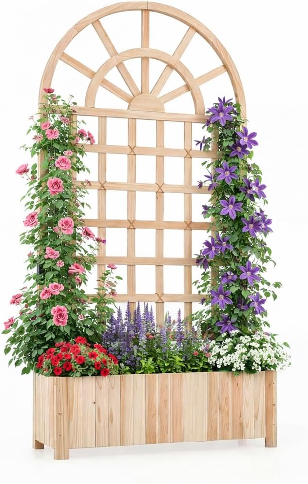 Giantex Wooden Raised Garden Bed with Arched Trellis Set 2 71” Fir Wood Outdoor Elevated Planter Box Privacy Screen w/Drainage Holes Vertical Garden Bed for Climbing Plants Patio Balcony Backyard