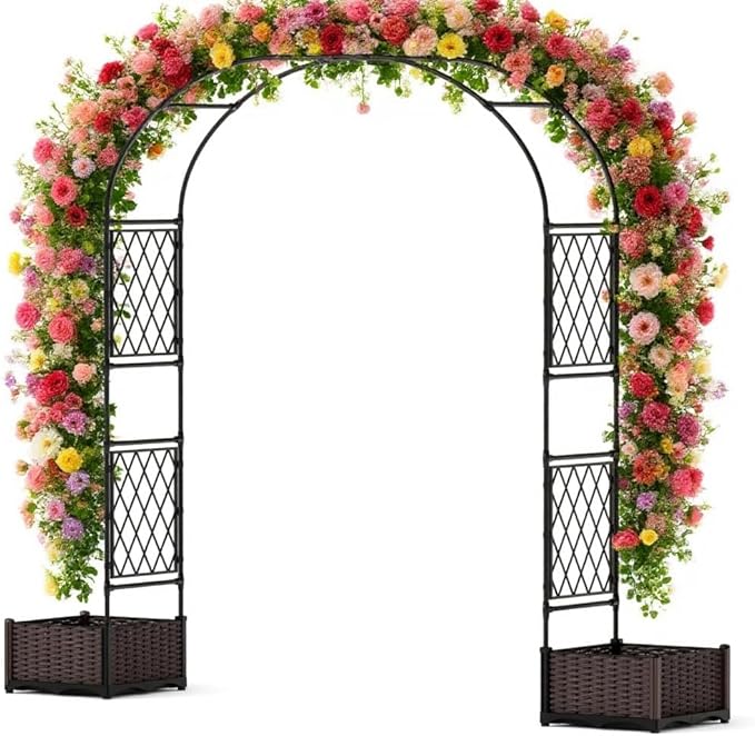 IDEAHOUSE 78 Garden Arbor with 2 Planter Boxes Versatile Climbing Frame Metal Garden Arch Trellis for Climbing Plants Decorative Wedding Arch Frame Weather-Resistant Trellis for Lawn Backyard