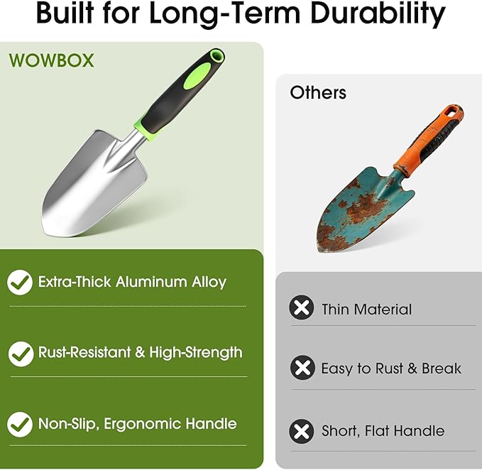 WOWBOX Garden Tools Set - 10 PCS Heavy Duty Gardening Hand Tools Kit with Storage Tote Rust-Resistant Gardening Supplies for Planting with Non-Slip Ergonomic Handle for Women and Men (Green)