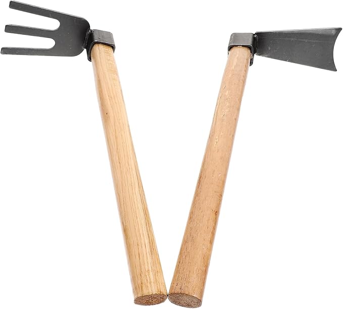 Yardwe 2pcs Garden Tool Set Handheld Small Hoe and Steel Rake with Wooden Handles for Outdoor Gardening Weeding Soil Loosening and Vegetable Planting