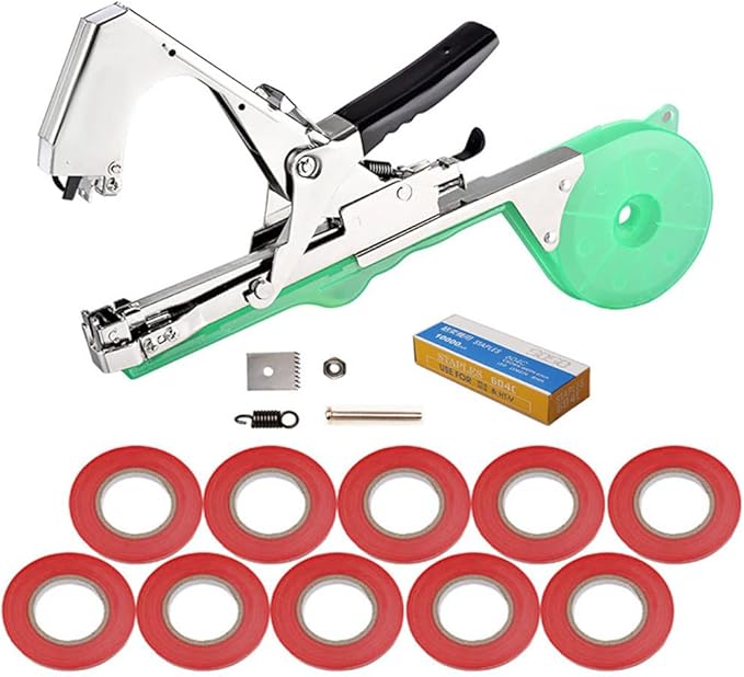 Plant Tying Machine Gardening Tape Tool Plant Ties Hand Garden Tools Set Garden Plants Tool with 10 Rolls Tape and 1 Box Staple for Grape Tomatoes Vegetable Cucumber and Flower (Green)