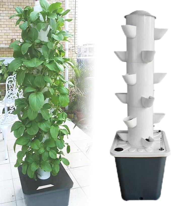 Vertical Hydroponic Tower Growing System KitHydroponics Tower System Hydroponic Tower Garden Irrigation Pump And Movable Water Tank For Indoor And Outdoor Herbs Fruits And(Size:6 Layers 18 Holes)