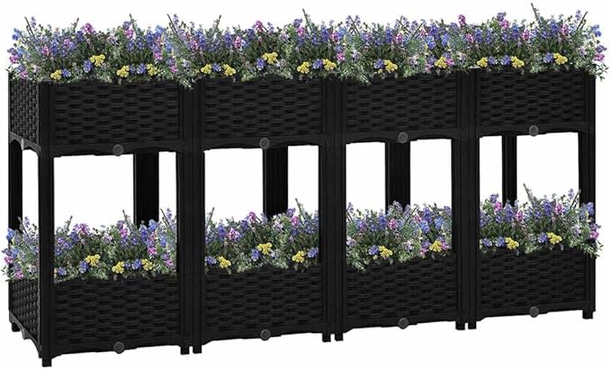 63x63x28 Raised Garden Bed Matte Black PP Box with Dual Shelves Outdoor Balcony Patio Planter for Herbs Tomatoes Flowers