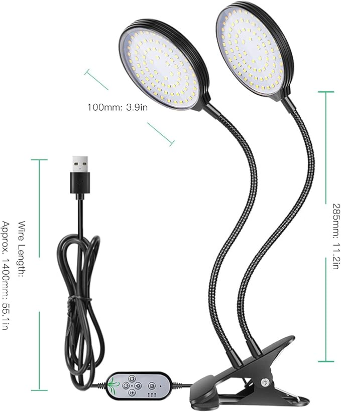 LED Plant Grow Light Dual Growing Lamp 5 Dimmable Levels Clip on Base 360 Degree USB Powered with Timer for Indoor