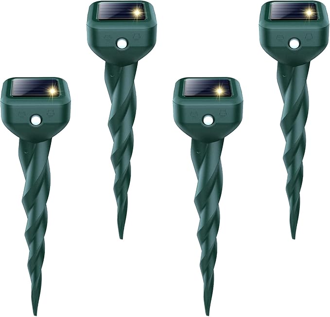 Mole Repellent Solar Powered 4 Pack Snake &amp Rabbit Repellent for Yard IP 65 Waterproof Ultrasonic Deterrent Stakes Get Rid for Armadillo Gopher Vole Chipmunk Deer Groundhog for Lawns Garde
