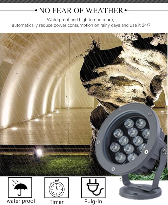 Kiven LED Outdoor Landscape with Automatic Timer 12W Spotlight Fixture Waterproof 110V with Plug Cast-Aluminum IP65 Warm White Ground Lights Garden Decoration Wall Light for Patio Pathway Lawn Yard