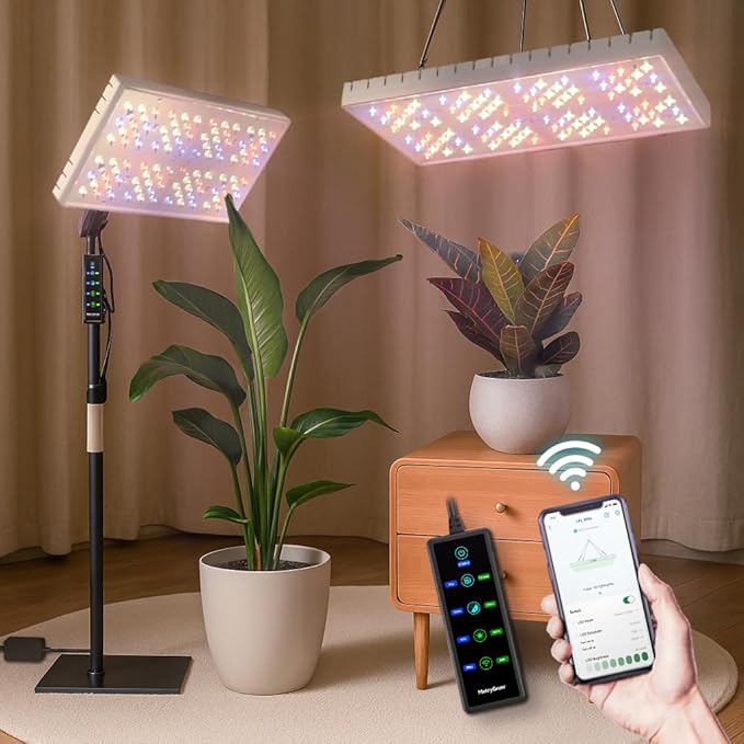 Grow Lights for Indoor Plants [Smart APP &amp Expansive 2x2 Ft Coverage] Genuine 48Watt LED Full Spectrum Standing/Hanging Growing Plant Lamps 8-Level Brightness 270°Folding 360°Rotation