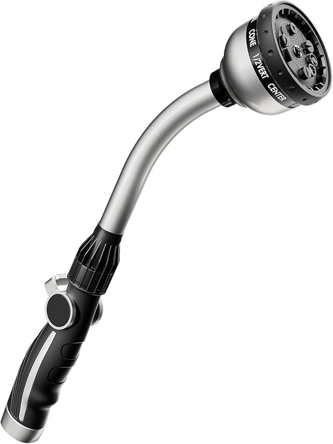 RESTMO Watering Wand Heavy Duty Metal Garden Hose Wand with Thumb Flow Control 15-Inch Long Hose Nozzle Sprayer with 10 Spray Patterns Ideal to Water Hanging Baskets and Shrubs Silver
