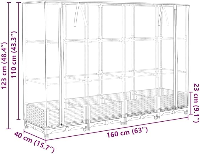 Raised Garden Bed with Greenhouse Cover Brown Polypropylene Polyethylene Iron 63x15.7x48.4 Inch Planter Box for Outdoor Plants Rattan Look