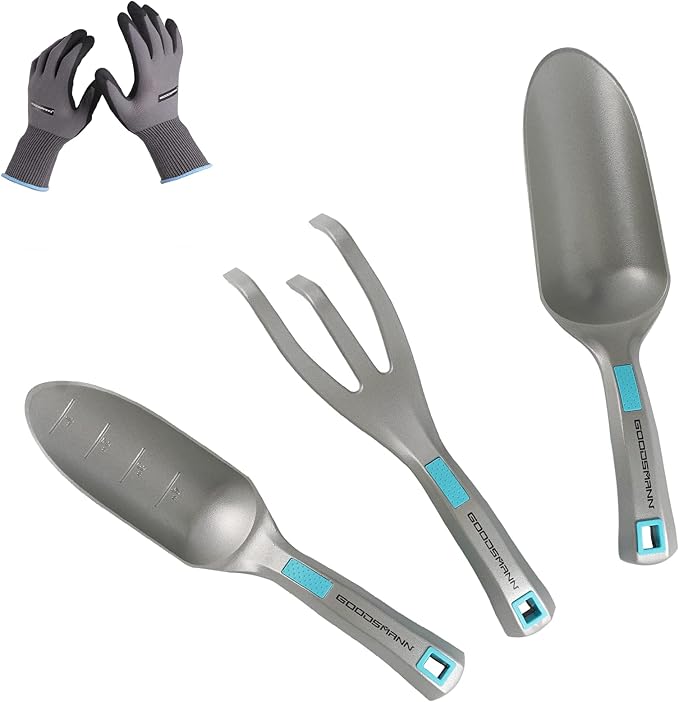 GOODSMANN Garden Tools Set 3 Piece All One Piece Die-Cast Aluminum Gardening Kit Hand Trowel Marker Measurements Transplanter and Cultivator Garden Hand Shovel for Digging Weeding Planting