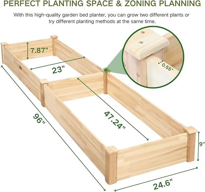 8x2ft Outdoor Wooden Raised Garden BedElevated Planting Planter Box for Vegetables/Garden/Lawn/PatioNatural Wood 96 x 24 x 9in