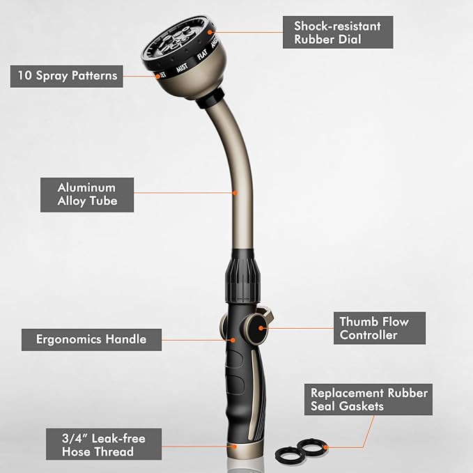 RESTMO Watering Wand Heavy Duty Metal Garden Hose Wand with 10 Spray Patterns 15-Inch Long Hose Nozzle Sprayer with Thumb Flow Control Ideal to Water Hanging Baskets and Shrubs