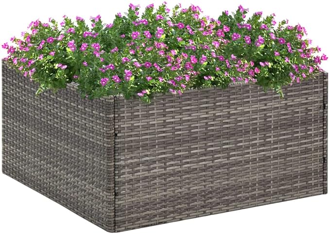 Square Raised Garden Planter 31.5 x 31.5 x 15.7 in Grey Poly Rattan Open Bottom Large Outdoor Elevated Bed for Patio Balcony Vegetables Flowers