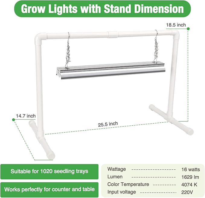 SOLIGT 2 ft Grow Light for Seed Starting with Stand Double Tube Warm White Full Spectrum Seedling Grow Light for Indoor Plants 80 LED Chips Height Adjustable