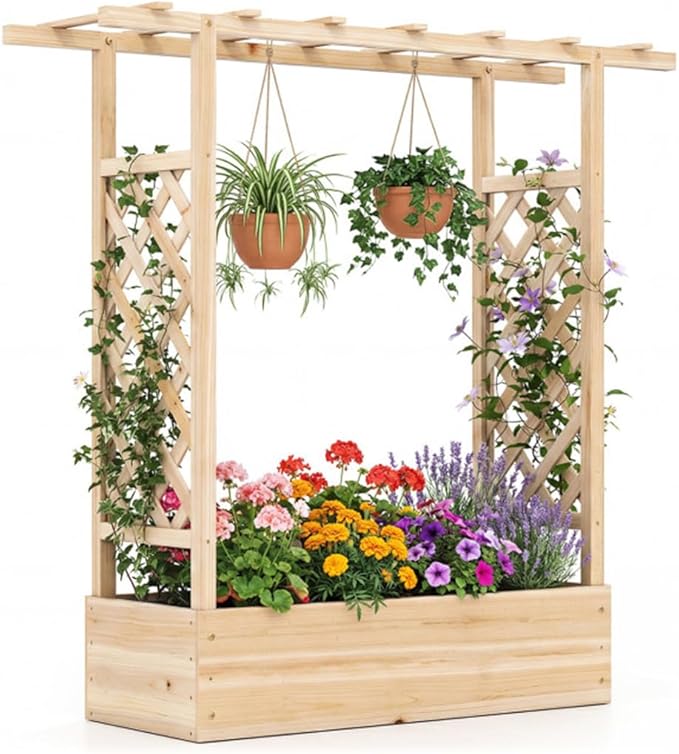 Fir Wood Raised Garden Bed with Side Trellis 109.22×35.56×114.30 cm Planter Box with Drainage Holes-Natural