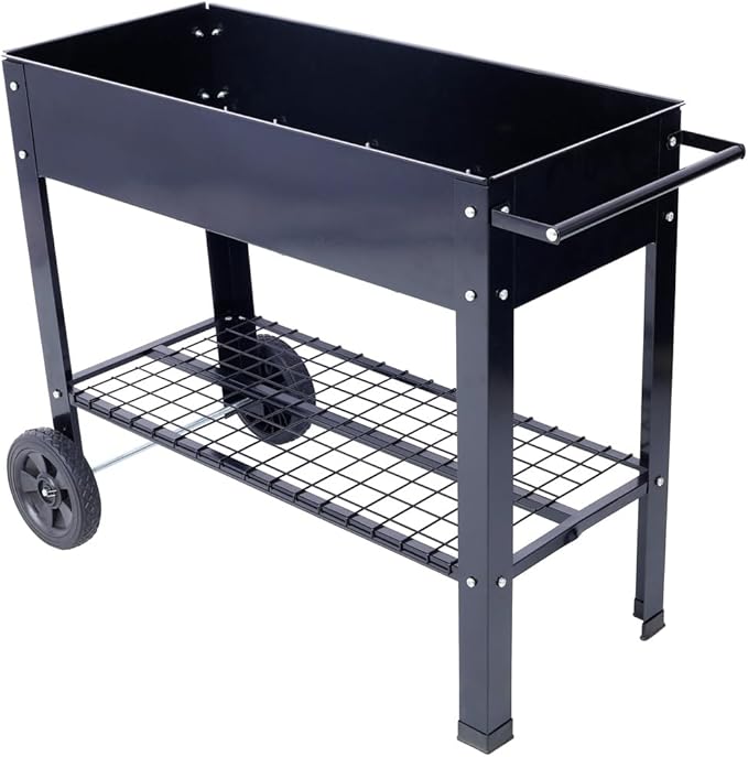 Elevated Mobile Raised Ergonomic Metal Planter Garden Bed for Backyard Patio w/Wheels Lower Shelf Black