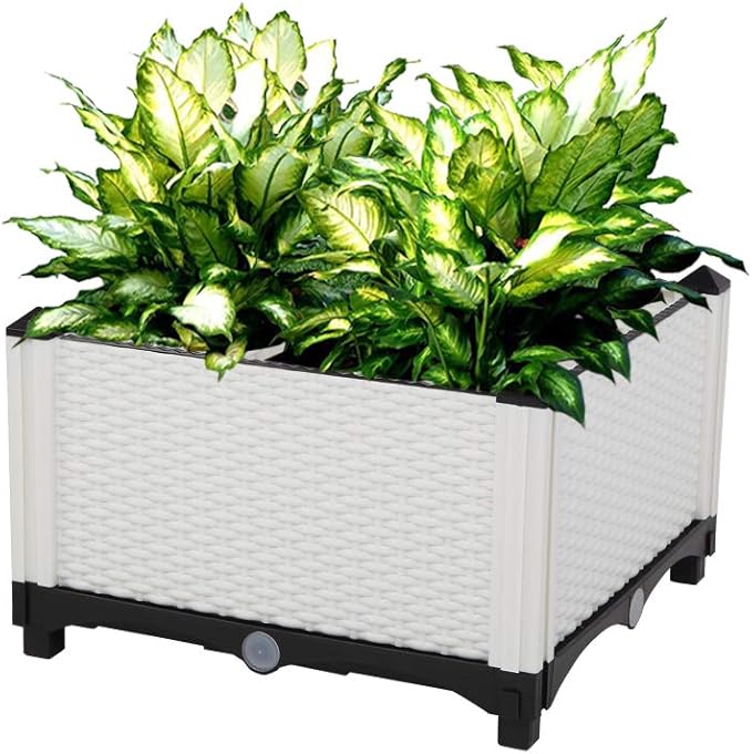 2pcs Garden BedModern Rattan-Style Plastic Raised Bed Garden Planter Stand Set for Backyard Kit for Flower Vegetable Grow Indoor Outdoor White