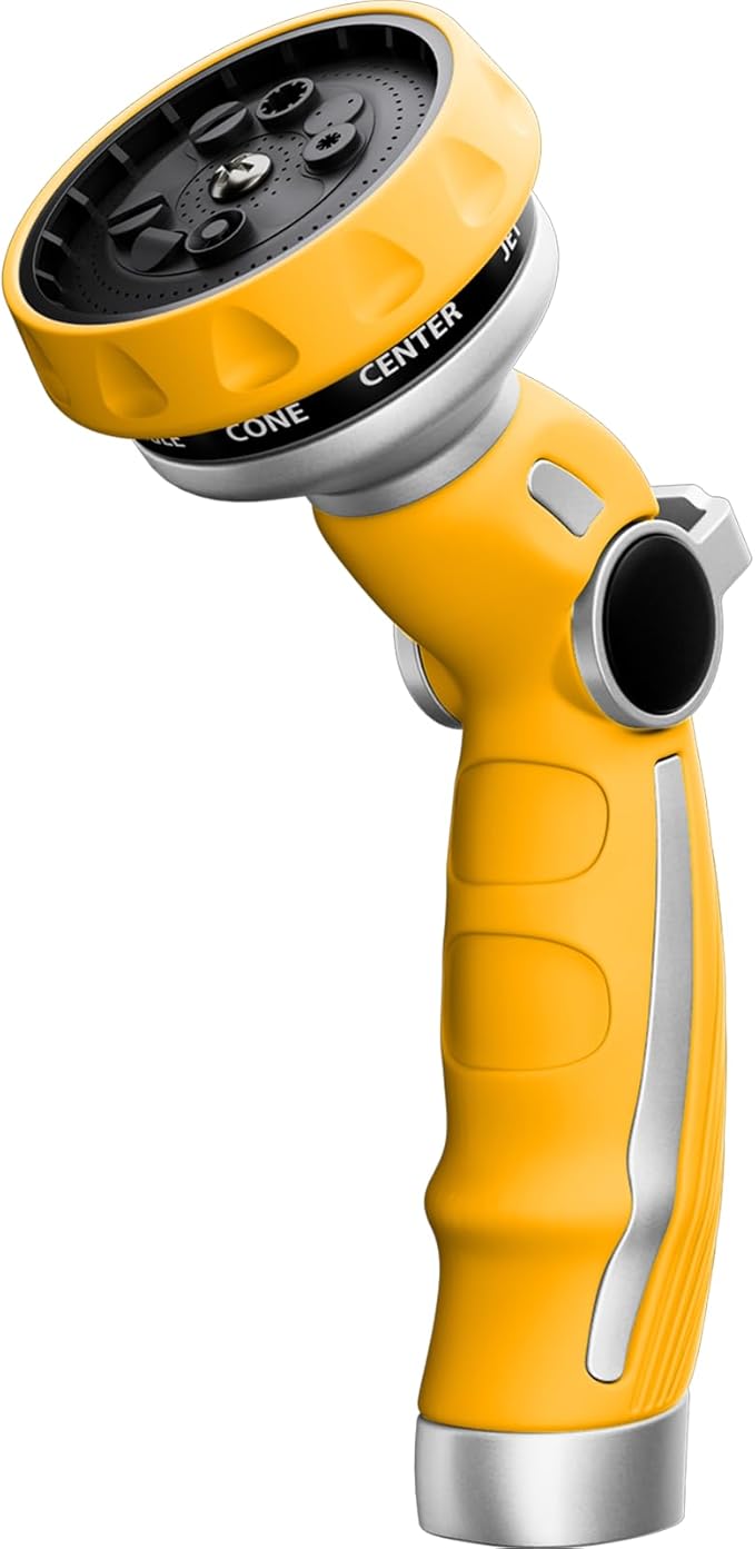 RESTMO Hose Nozzle Heavy Duty Metal Water Hose Sprayer for Garden 9 Spray Patterns | High Pressure | Thumb Flow Control | On/Off Valve Ideal for Lawn &amp Plant Watering Car &amp Pet Washing Ye