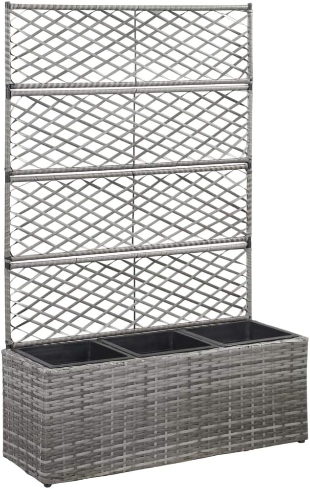 Trellis Raised Bed Poly Rattan with 3 Pots Gray Planter Box with Trellis Free Standing Garden Raised Bed for Flower Climbing and Hanging Plants 32.7x11.8x51.2